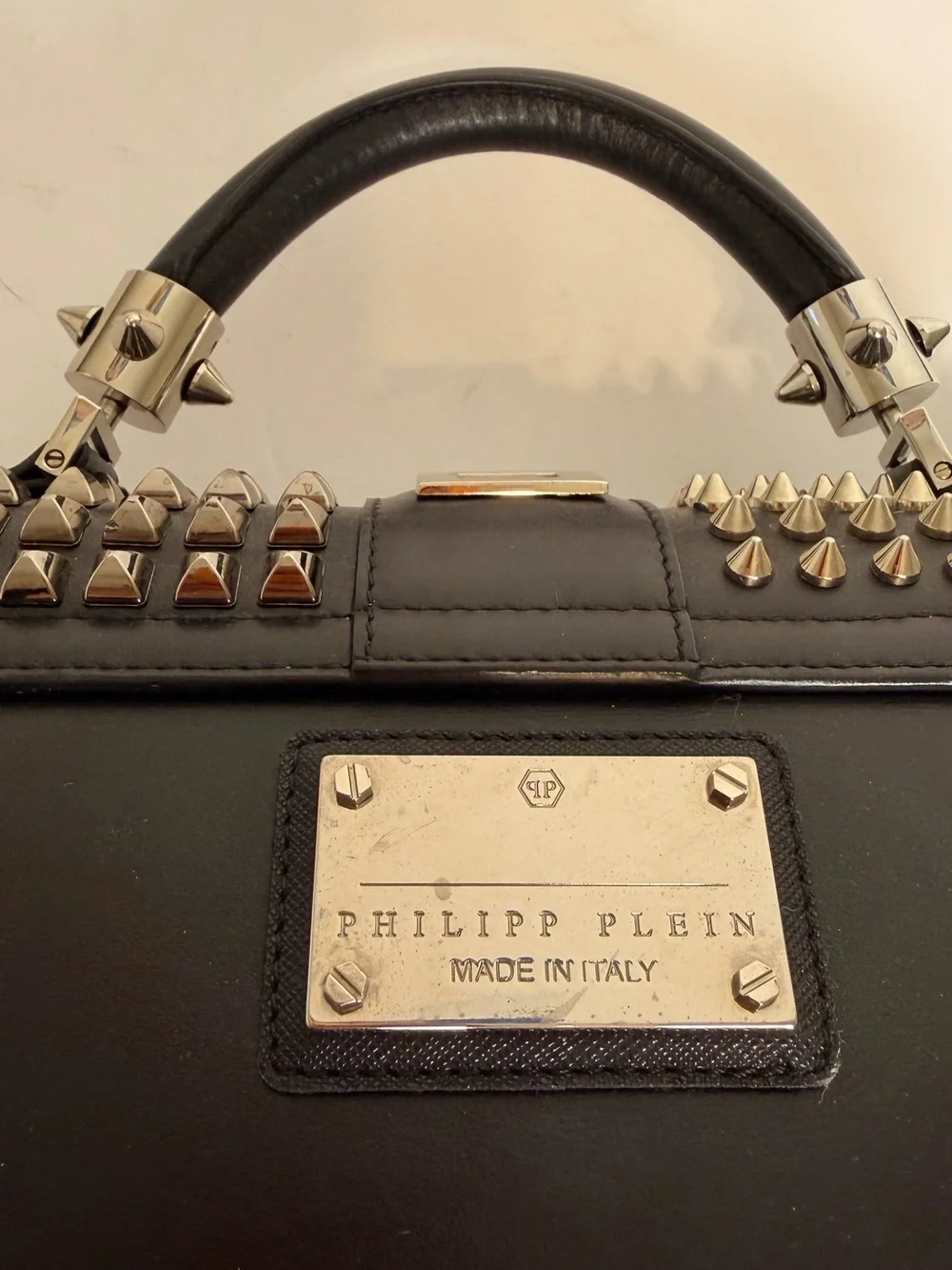 Philipp Plein Black Leather Studded Top-Handle Satchel